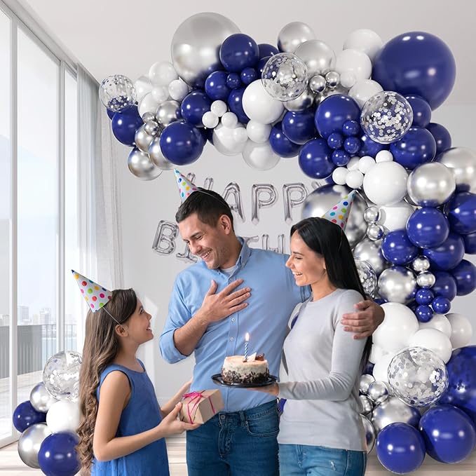 147pcs Navy Blue and Silver Balloon Garland Arch Kit, 18 12 10 5 inch Royal Blue Metallic Silver White Balloons for Birthday Baby Shower Bachelorette Wedding Graduation Party Decorations