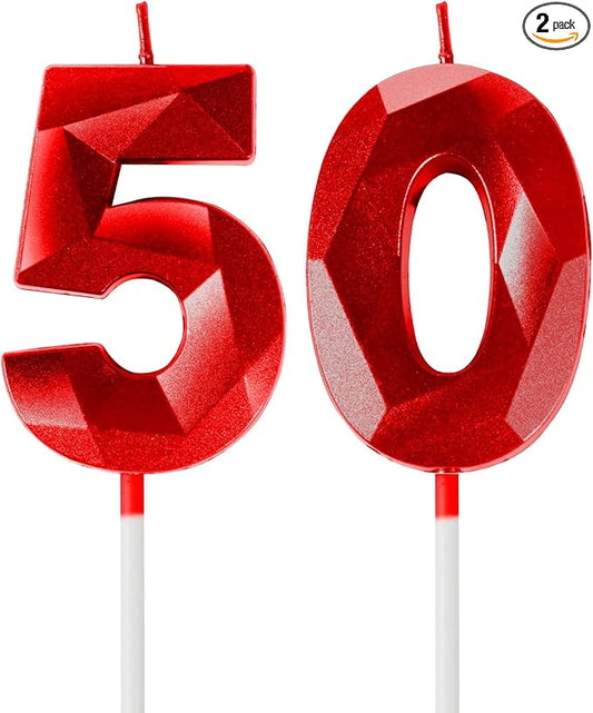 Red Birthday Candles for Cake, Number 50 Candle for 50th Birthday Decorations, 3D Design Cake Topper Decorations for Women Men Birthday Theme Party Anniversary Celebration Supplies