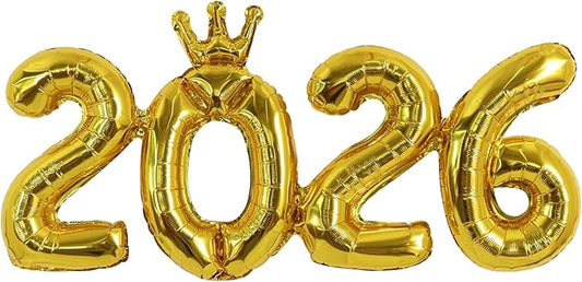 TONIFUL 2026 Gold Crown Foil Number Balloons 16 Inch Gold Number Banner 2026 Graduation Aluminum Foil Mylar Balloons for New Year Eve Christmas Anniversary Party Supplies