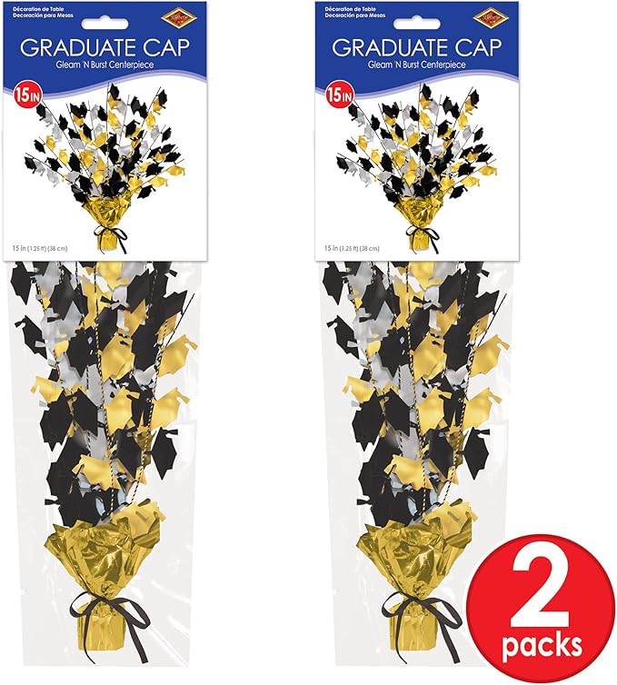 Beistle Graduate Cap Gleam ‘N Burst Centerpieces, 2-Piece Metallic Table Top Display in Gold, Black, and Silver for Graduation Parties, Grad Ceremonies, and Celebrations, 15”