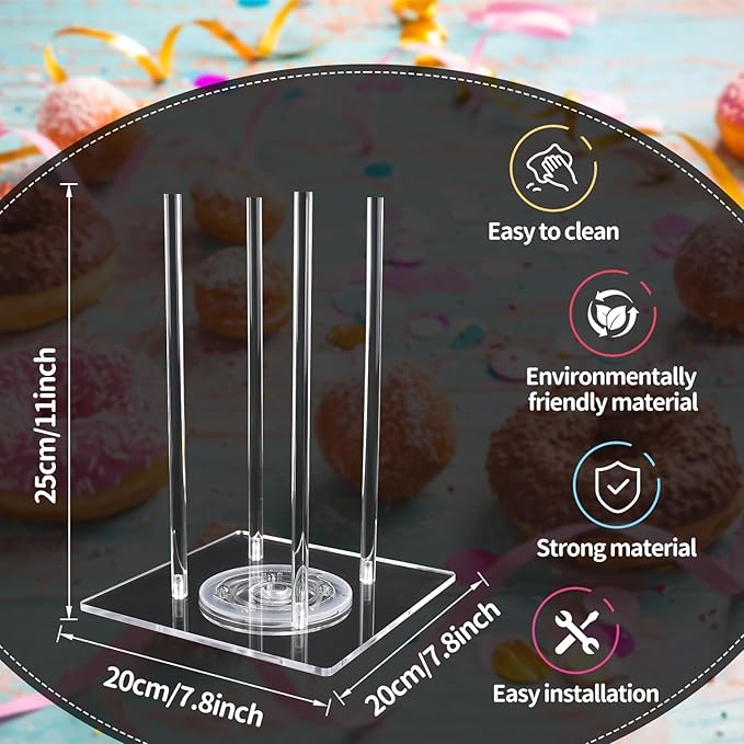 2 Pack Acrylic Donut Stand with Lazy Susan Turntable Tower Stand, Includes 2 Rotating Bases and 8 Support Rods, Perfect for Dessert Tables, Birthday, Wedding, Baby Shower, Party (2 Pack)