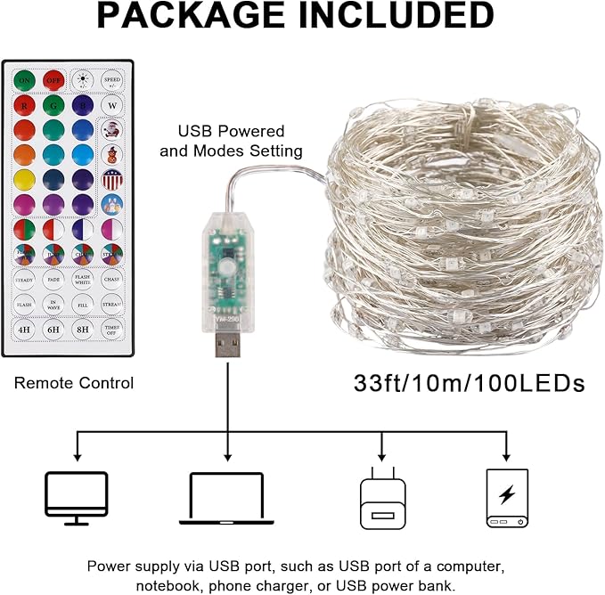 OMIKA 33Ft Color Changing Fairy Lights, 100LED 24Color Twinkle String Lights with USB Remote Timer Dimmable 196 Modes, Halloween Fairy String Lights for Indoor Outdoor Christmas Bedroom Garden