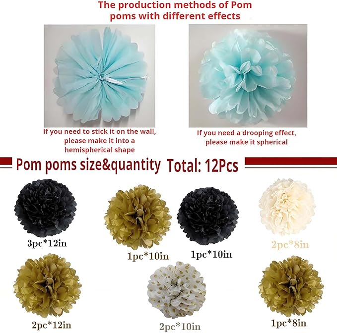 Black Gold Tissue Paper Pom Poms 12Pcs- Hanging Paper Flowers for Wedding Birthday Graduations Christmas and Special Occasions(8 &10 & 12 inch)