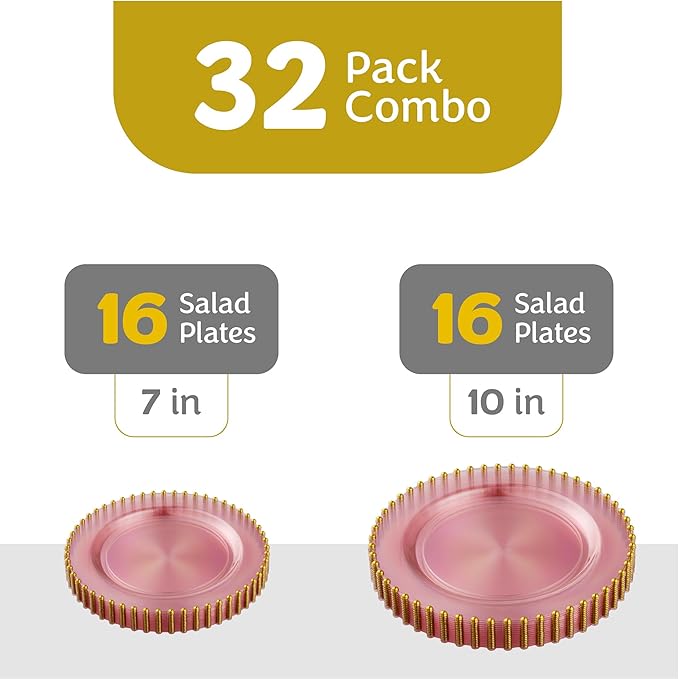 PLASTICPRO 32 Piece Combo Plastic Dinner Plates Disposable Plastic Fancy Heavy Duty Party Dishes 7 inch and 10 inch, Translucent Pink and Gold Beaded