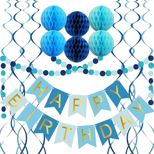 Blue Birthday Decorations with Happy Birthday Banner, Paper Honeycomb Balls, Circle Garland and Hanging Swirl Decorations, Birthday Party Decorations