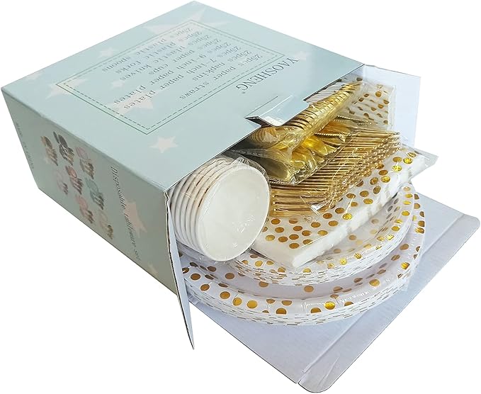 200Pcs Gold Party Supplies - Gold Paper Plates & Napkins Cups Silverware Serves 25 Sets for Wedding Bridal Shower Engagement Birthday Parties (Gold dot)