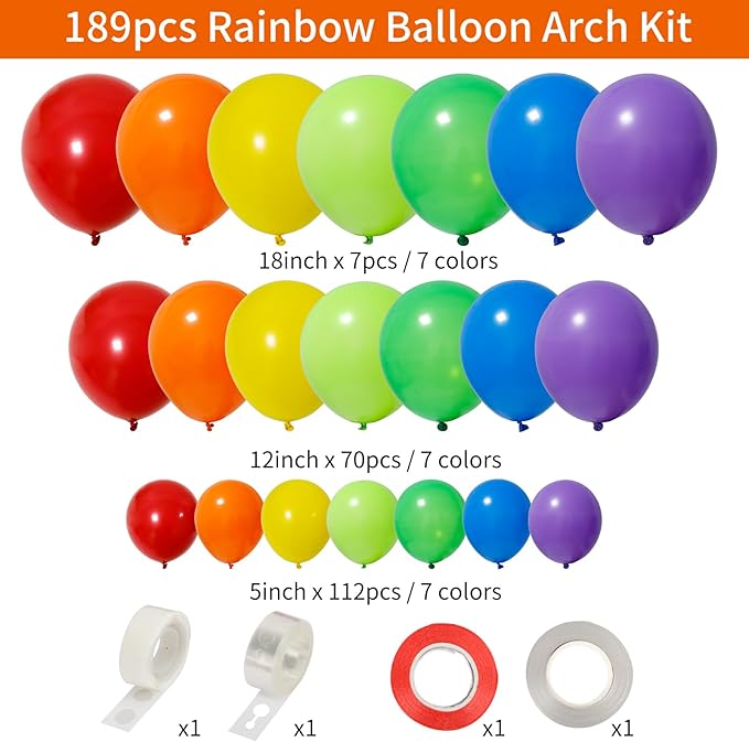 RUBFAC 189pcs Rainbow Balloon Garland Arch Kit, 7 Assorted Colors 5/12/18 Inch Latex Balloons for Birthday Party Baby Shower Wedding Anniversary Decoration