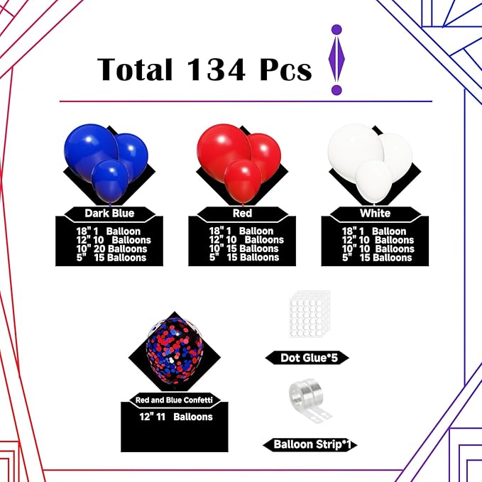 Lukiituke Red and Blue Balloon Arch Kit, 134Pcs Red White and Blue Balloons, 4 Sizes 4th of July Balloons for Independence Day Patriotic Memorial Day Birthday Party Decorations