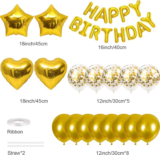 CANREVEL Happy Birthday Balloons Banner 16 Inch Mylar Foil Letters with Star & Heart Balloons Birthday Party Decorations for Men and Women - 30 Pcs Gold