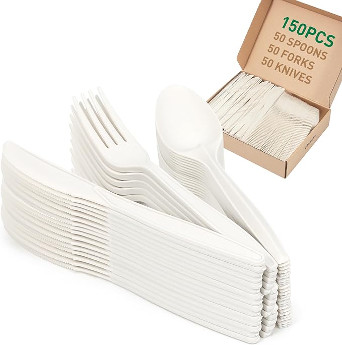 100% Compostable Cutlery Set, Disposable Cornstarch Utensils Heavy Duty BPI Certified Eco-Friendly Party Supplies No Plastic-150pcs (50 Forks,50 Spoons,50 Knives)