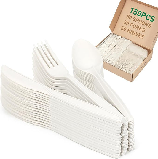 100% Compostable Cutlery Set, Disposable Cornstarch Utensils Heavy Duty BPI Certified Eco-Friendly Party Supplies No Plastic-150pcs (50 Forks,50 Spoons,50 Knives)