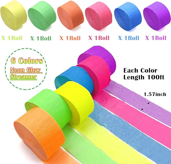 600 feet Glow Crepe Paper Streamers UV Glow Party Neon Streamer Decorations Glow in The Dark Black Light Reactive Fluorescent Neon Paper Party Streamers Wedding Birthday Blacklight Party Supplies
