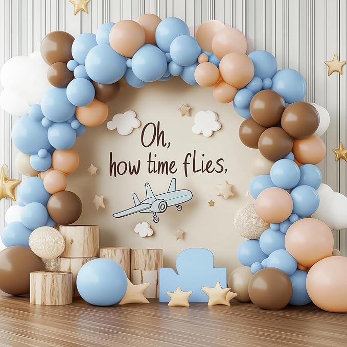 RUBFAC 156pcs Dusty Blue and Brown Balloon Garland Arch Kit, Bear Baby Shower Decoration with Boho Brown Skin Color Blue Balloons for Gender Reveal and Birthday Party Decoration