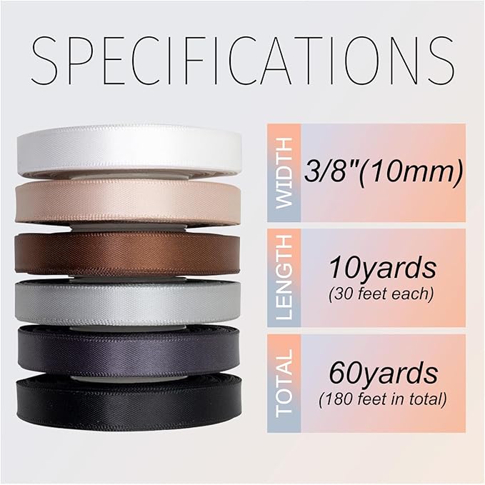 Black and White Satin Ribbon 3/8 Inch Wide Gray Brown Silver Vanilla Ribbon Assorted Solid Color Double Faced Satin Ribbon for Wedding Flower Bouquet Wrapping Gift Wrapping Hair Bows Crafts