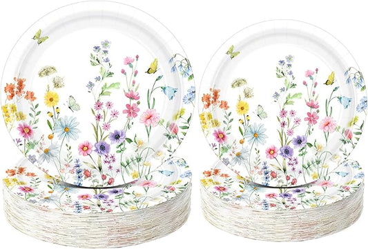 Funnymoom 60 Pcs Wildflower Paper Plates 9 in and 7 in Spring Floral Disposable Party Plates Wildflower Butterfly Dessert Tableware for Wedding Baby Shower Birthday Tea Party Table Decor Supplies