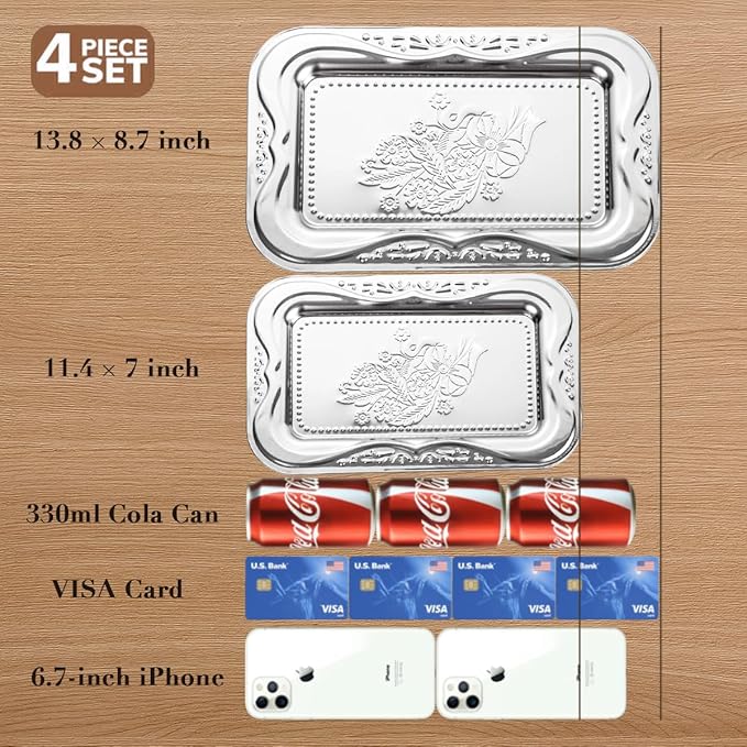 4-Pack Silver Serving Trays Set - ZENOVLUX Lightweight Bow Floral Engraved Mirror Decorative Tray, 13.8" x 8.7" Wedding Party Platters for BBQ, Food, Appetizer, Charcuterie, Cookies, Desserts