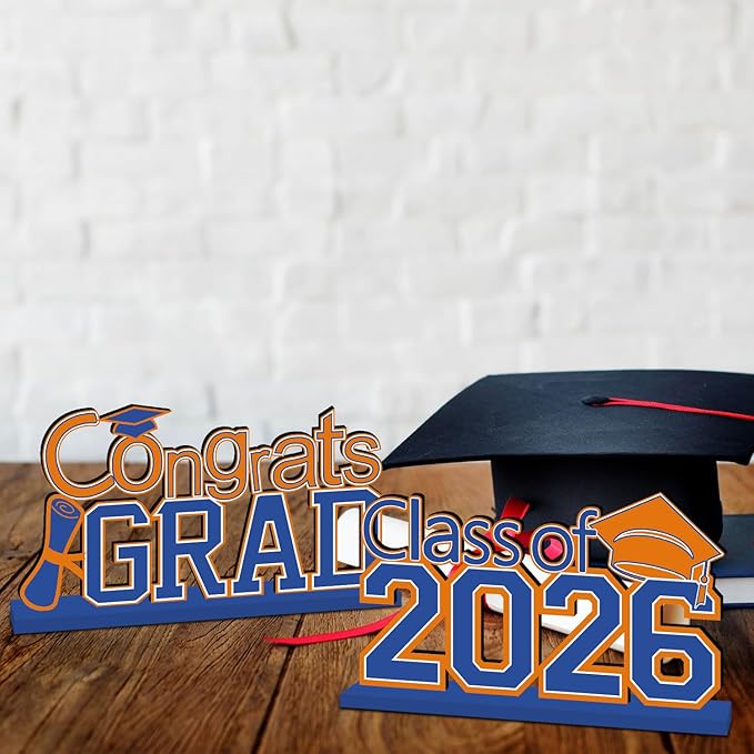 4Pcs Oranger and Blue Graduation Decorations Class of 2026 Congrats Grad Wooden Table Centerpieces Graduation Centerpieces for High School College Grad Table Decorations