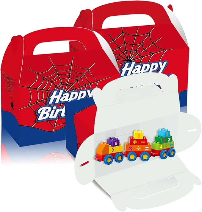 FLOLUVZ 16 PCS Spider Birthday Party Favor Treat Boxes, Spider Goodie Boxes Gift Bags, Gable Candy Box for Cartoon Themed Birthday Party Supplies Decorations