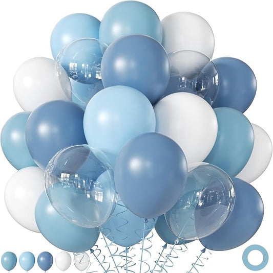 60Pcs Dusty Blue Balloons, 60Pcs 12 Inch Blue and White Balloons with Dusty Pastel Light blue White Clear balloons for Baby Shower Gender Reveal Bridal Shower Birthday Party Decorations