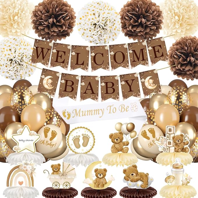 Baby Shower Decorations Set, Teddy Bear Brown White Gold Party Supplies with Balloons, Welcome Baby Banner, Paper Flowers, Gender Reveal We Can Bearly Wait Party Decoration for Boy Girl