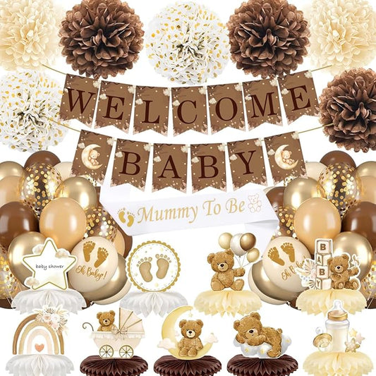 Baby Shower Decorations Set, Teddy Bear Brown White Gold Party Supplies with Balloons, Welcome Baby Banner, Paper Flowers, Gender Reveal We Can Bearly Wait Party Decoration for Boy Girl