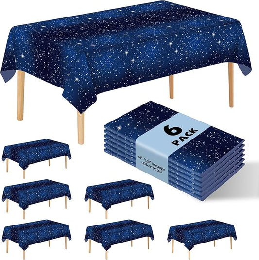 6 Pack Space Tablecloth Starry Night Tablecloth, Disposable Plastic Galaxy Table Cover, 54 X 108 Inch Space Themed Party Supplies for Birthday Parties Decorations (Blue)