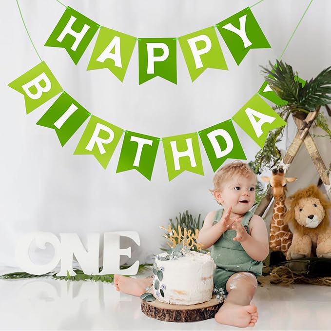 Happy Birthday Banner Birthday Party Banner NO DIY Happy Birthday Sign Pre-Strung Birthday Hanging Decoration for Women Men Girl Boy Party Supplies (Green)