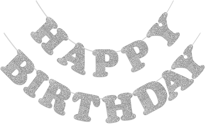 Silver Happy Birthday Banner Birthday Party Decorations Happy Birthday Banner Bunting Garland Sign for Kids Boys Girls Adults Birthday Baby Shower Celebration Party Backdrops Supplies