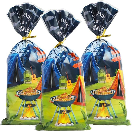 LEOSINDA Camping Cellophane Bags 5x11 Inches, 100Pcs Bulk Clear Treat Bags with 100 Gold Twist Ties, Food-Safe Plastic Gift Bag for Candies, Cookies, Snacks, Christmas, Halloween & Party Favors