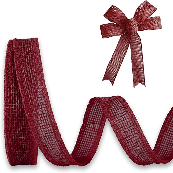 Burgundy Burlap Ribbon 1/2 inch X 10 Yard Natural Linen Woven Wired Ribbons DIY Handmade Edging Production Wreath Holiday Decoration Gift Ribbon for Gift Wrapping Burgundy Ribbons