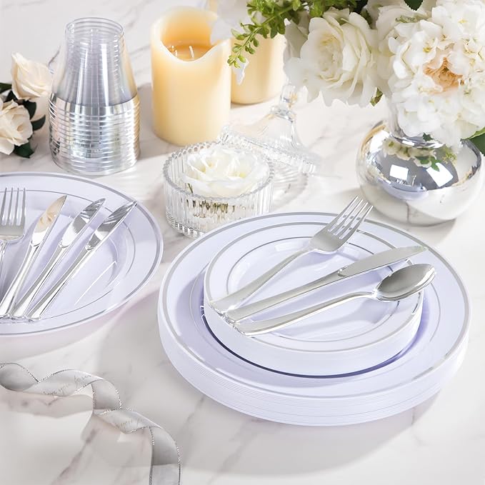 WELLIFE 300 PCS Silver Dinnerware Set for 50 Guests, Silver Plastic Disposable Plates for Party, 50 Dinner Plates, 50 Salad Plates, 50 Cups Forks Knives Spoons for Wedding and Party Anniversary