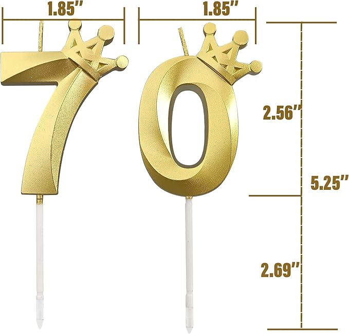 The Number 70 Gold Birthday Candles for Cake is Beautiful Number Candles for 70th Birthday Decorations for Man and Women (Gold-70, Crown)