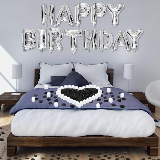 Black and Silver Happy Birthday Balloons Decorations Happy Birthday Letter Balloons Banner with 24pcs Flameless LED Candles and 2000pcs Artificial Rose Petals for Women Men Room Party Decor