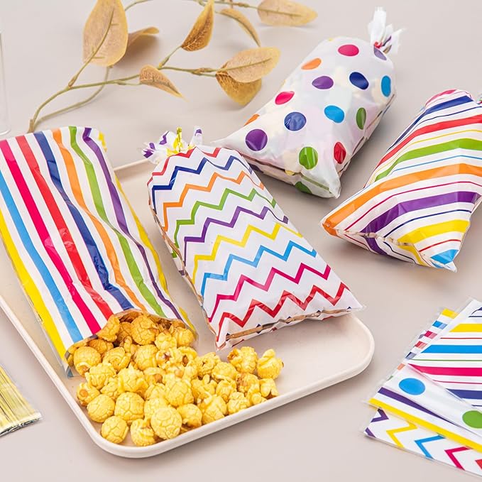 Aubeco 120 Pack 10.6x5.1 Inch Cellophane Treat Bags with Ties - Polka & Rainbow Stripes Candy Gift Baggies for Birthday, Wedding Party Favors, Snack Packing Supplies