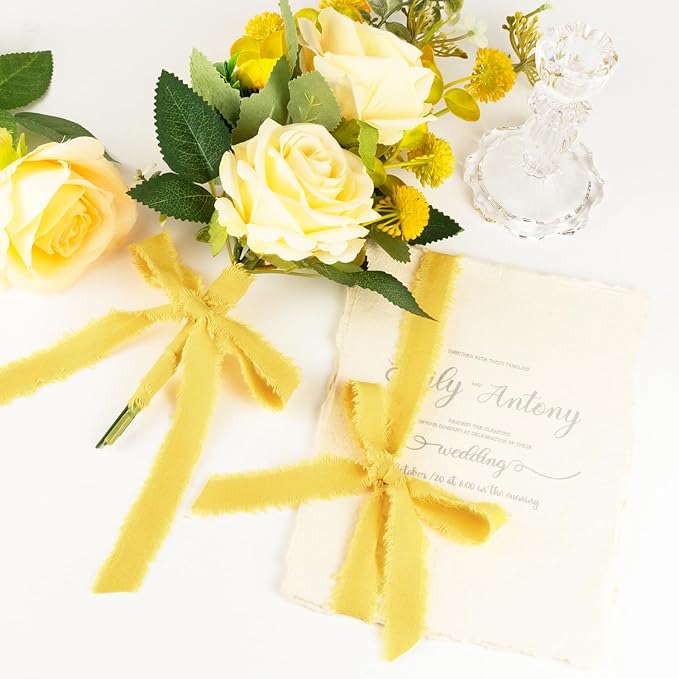 Yellow Cotton Ribbon 5/8 Inch Mustard Yellow 3 Rolls 21 Yards Frayed Edge Fabric Set for Wedding Decor, Bridal Bouquet Wrap, Baby Shower, Gift Wrapping & Fall Decor