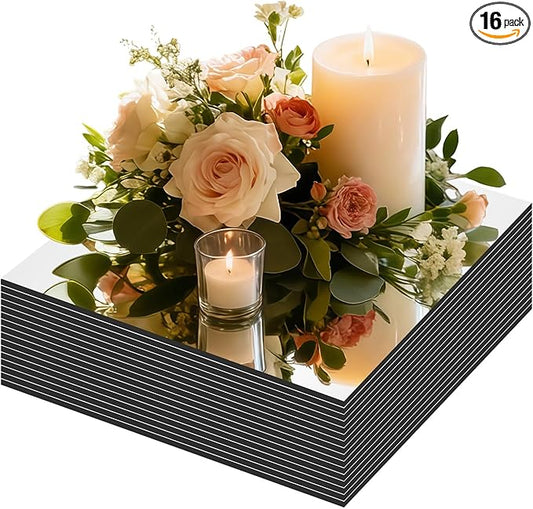 16Pack Square Mirror Centerpieces for Tables, 12" Acrylic Mirror Table Centerpieces, Square Acrylic Mirror Trays, Mirror Candle Plates for Birthday Wedding Decorations Party Crafts, Wall Decoration