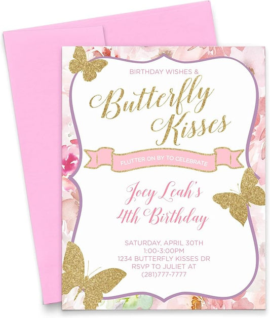 Modern Pink Paper Personalized Butterfly Birthday Invitations for Girls, Your choice of Quantity, Age, Info and Envelope Color