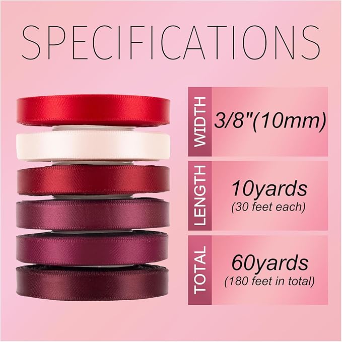 Red Ribbon Thin 3/8 Inch x 60Yards Assorted Burgundy, Dark Red, Maroon, Wine, Rose White, Double Faced Satin Ribbon for Flower Bouquet, Gift Wrapping, Wedding Invitation, Bows, Crafts, Gift Bags
