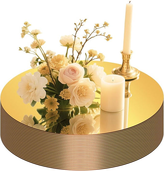 24PCS Gold Round Mirror Plates for Centerpieces, 8" Flat Gold Circle Mirror Trays for Tables, Decorative Candle Plates Mirror Base for Wedding Table Decor, Anniversary Party Event Home Decorations