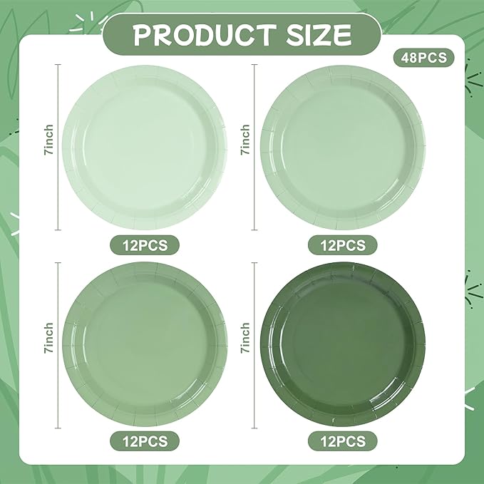 AimFun 48Pcs Sage Green Paper Plates Gradient Green Party Plates 7” Disposable Round Dessert Plates for St Patricks Birthday Wedding Bridal Baby Shower Party Supplies 4 Colors