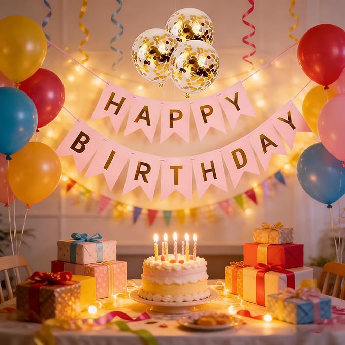 Happy Birthday Banner Sign Bunting Hanging Decorations with Shiny Gold Balloons Birthday Party Sign Decor for Party Supplies(Pink)