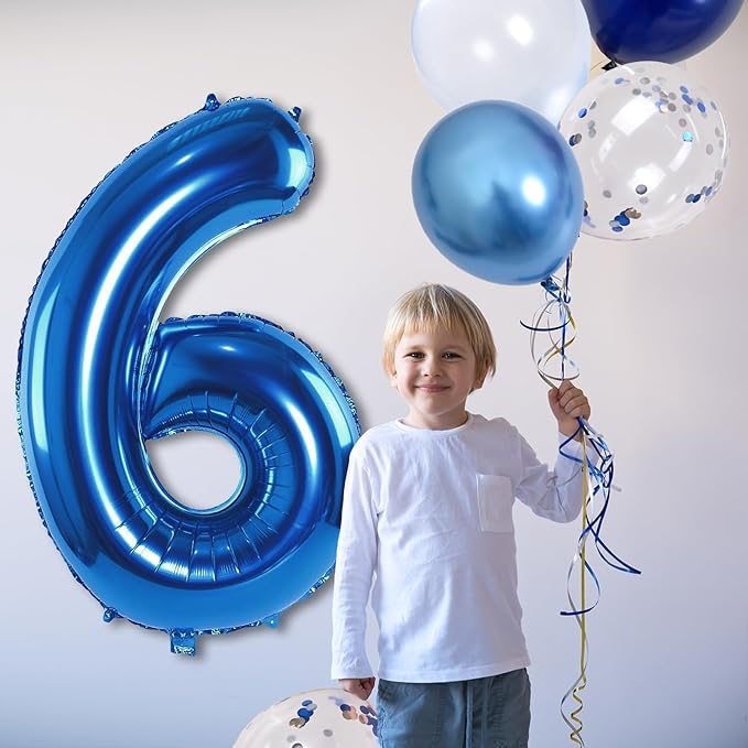 6th Birthday Balloon - Metallic Dark Blue & Navy Blue 40 Inch Self Inflating Number 6 Mylar Balloon with Silver Confetti for Boys & Girls Birthday Party Decorations