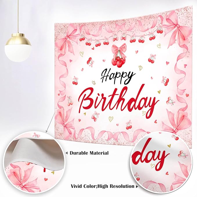 Mocsicka Cherry Happy Birthday Backdrop Cherry Theme Birthday Party Decorations Banner Red for Girls Cherries Fruit Theme Party Photography Backgorund Supplies (Pink, 8x6ft(96"x72"))