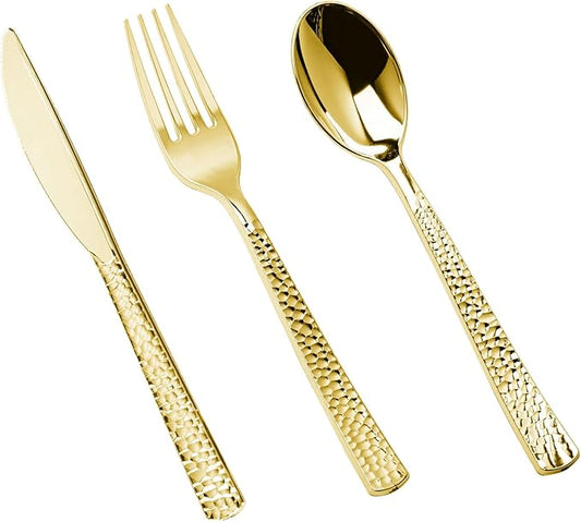 150PCS Gold Plastic Silverware, Heavy Duty Plastic Cutlery Set, Disposable Utensils - 50 Forks, 50 Spoons and 50 Knifes for Party, Wedding and Events