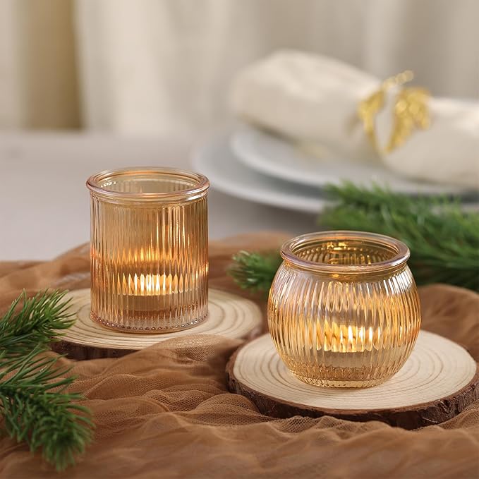NITIME 48pcs Assorted Gold Votive Candle Holders, Ribbed Tea Lights Candle Holder for Wedding Decor, Glass Candle Holder for Diwali, Table Centerpiece, Party and Holiday Decorations
