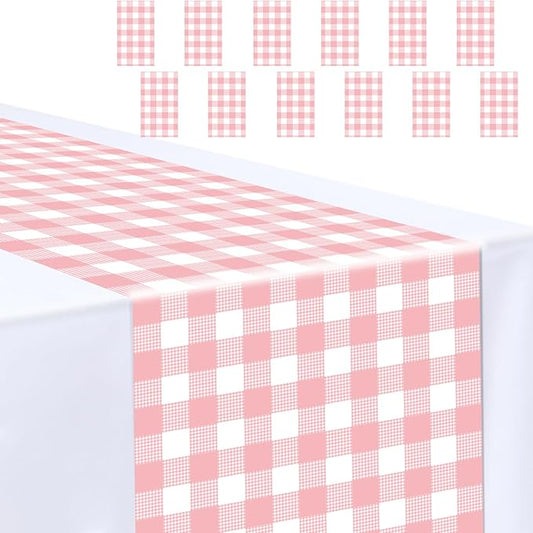 12 Pcs Light Pink and White Checkered Table Runner Plastic 14 x 108 Disposable Baby Pink Gingham Table Runner for Birthday Wedding Baby Shower Party Table Centerpiece Decorations