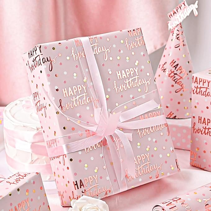 MAYPLUSS Reversible Pink Birthday Wrapping Paper Roll, Girl Gift Wrapping Paper, Metallic Foil Happy Birthday Pattern Girly Gift Wrap for Gift Packaging, Women Party, Celebrations (17 Inch x 33 Feet)