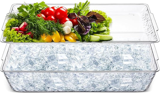 Baderke 1 Set 16" x 9" Plastic Chilled Serving Tray for Parties with Compartments Ice Chilled Party Platter Charcuterie Serving Board Cold Dish Dip for Fruit Seafood Vegetable Appetizer (Clear)