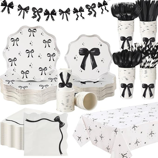 Sawysine 202 Pcs Black and White Bow Party Supplies Serve 25 Coquette Birthday Decoration Include Plates Cups Napkins Plastic Tableware Straw Banner Tablecloth for Black Bow Party Bachelorette