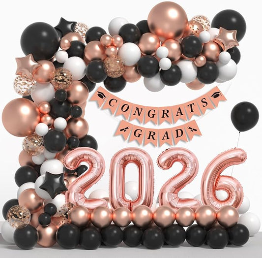 Graduation Decorations Class of 2026: Rose Gold and Black Graduation Balloon Arch Garland Kit and Rose Gold Confetti Balloons Congrats Grad Banner 2026 Foil Balloon Decorations For Grad Party